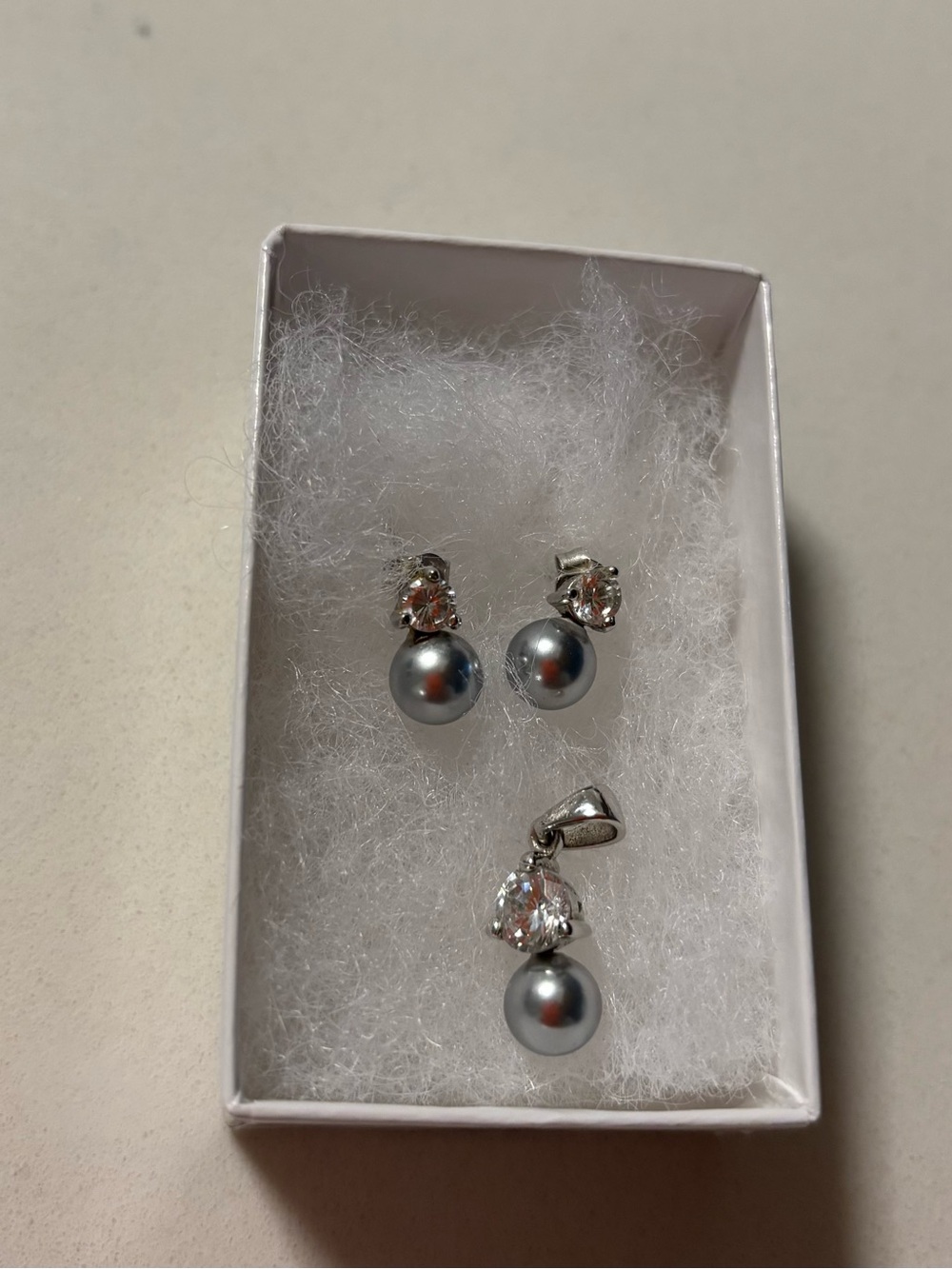 Silver Pearl and Crystal Drop Earrings with Matching Pendant